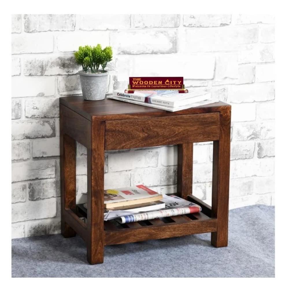 THE WOODEN CITY Sheesham Solid Wood Bedside & Sofa Side Table/End Table and Night Stand with Storage for Bedroom & Living Room Furniture - mohgany|TWC-F39